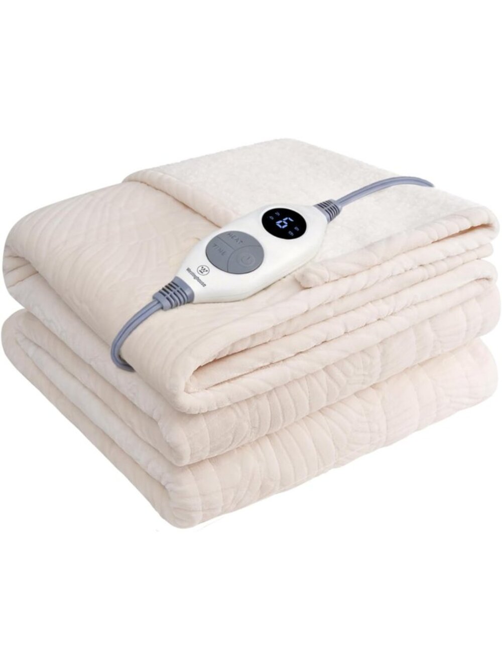 Cozy Heated Throw Blanket, Floral Jacquard Flannel Sherpa, 50x60 Beige